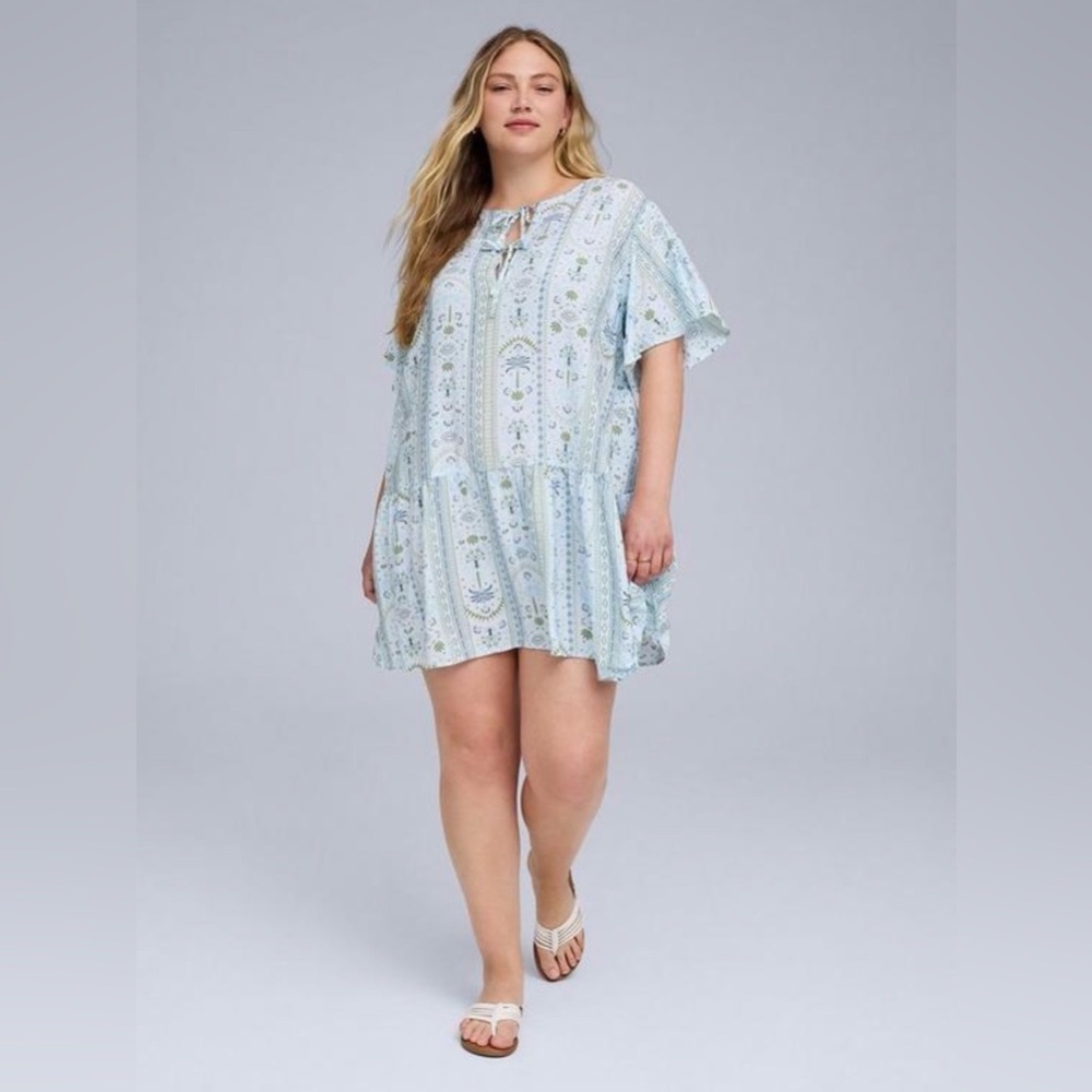 Belle Isle Pop Over Mini Dress Carolina Palms Light Blue Size 2 Blue Green - Picture 5 of 7